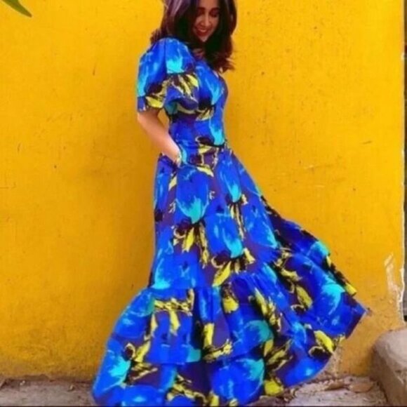 NWT CHRISTOPHER JOHN ROGERS FOR TARGET BLUE FLORAL RUFFLE MAXI DRESS - 0 - Picture 1 of 9